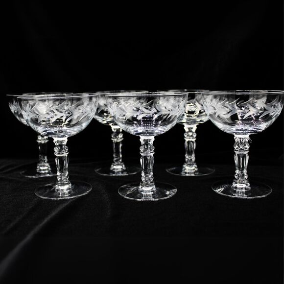 Vintage Fostoria Champagne Glasses Holly Pattern Elegant Holiday Table Set of 6 - Picture 1 of 6